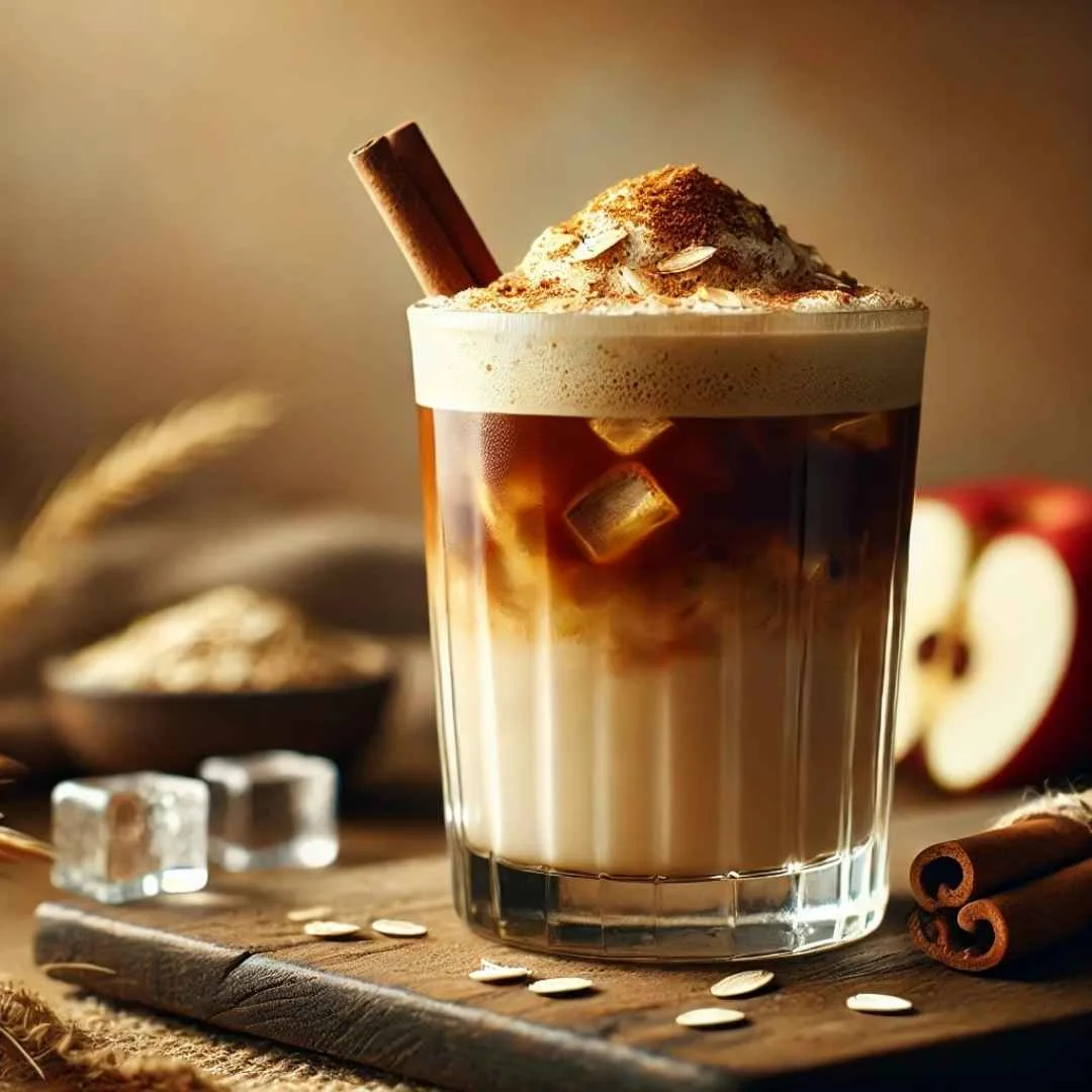 A glass of apple crisp oatmilk shaken espresso recipe topped with cinnamon and ice cubes.