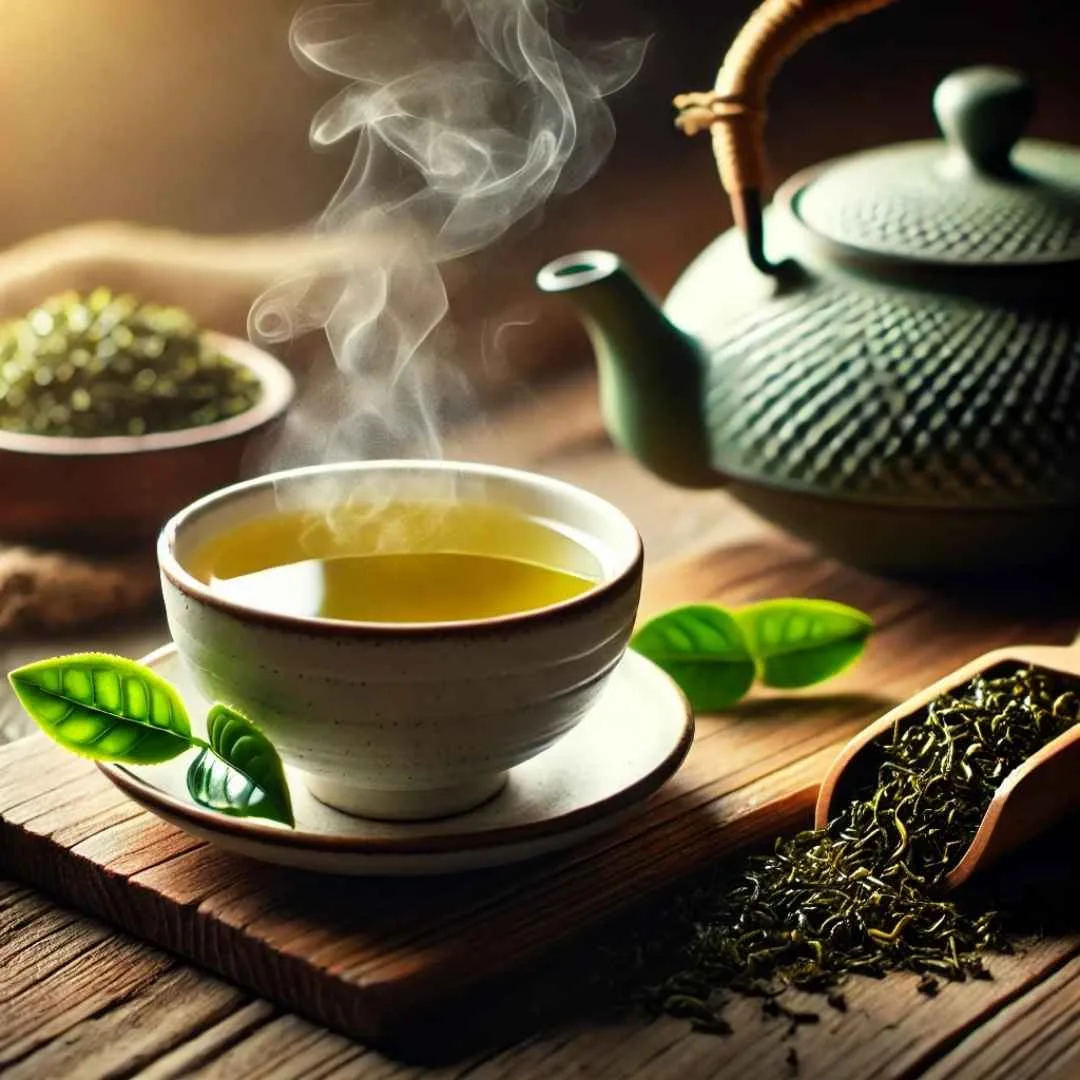 A steaming cup of green tea surrounded by loose leaves and a teapot.