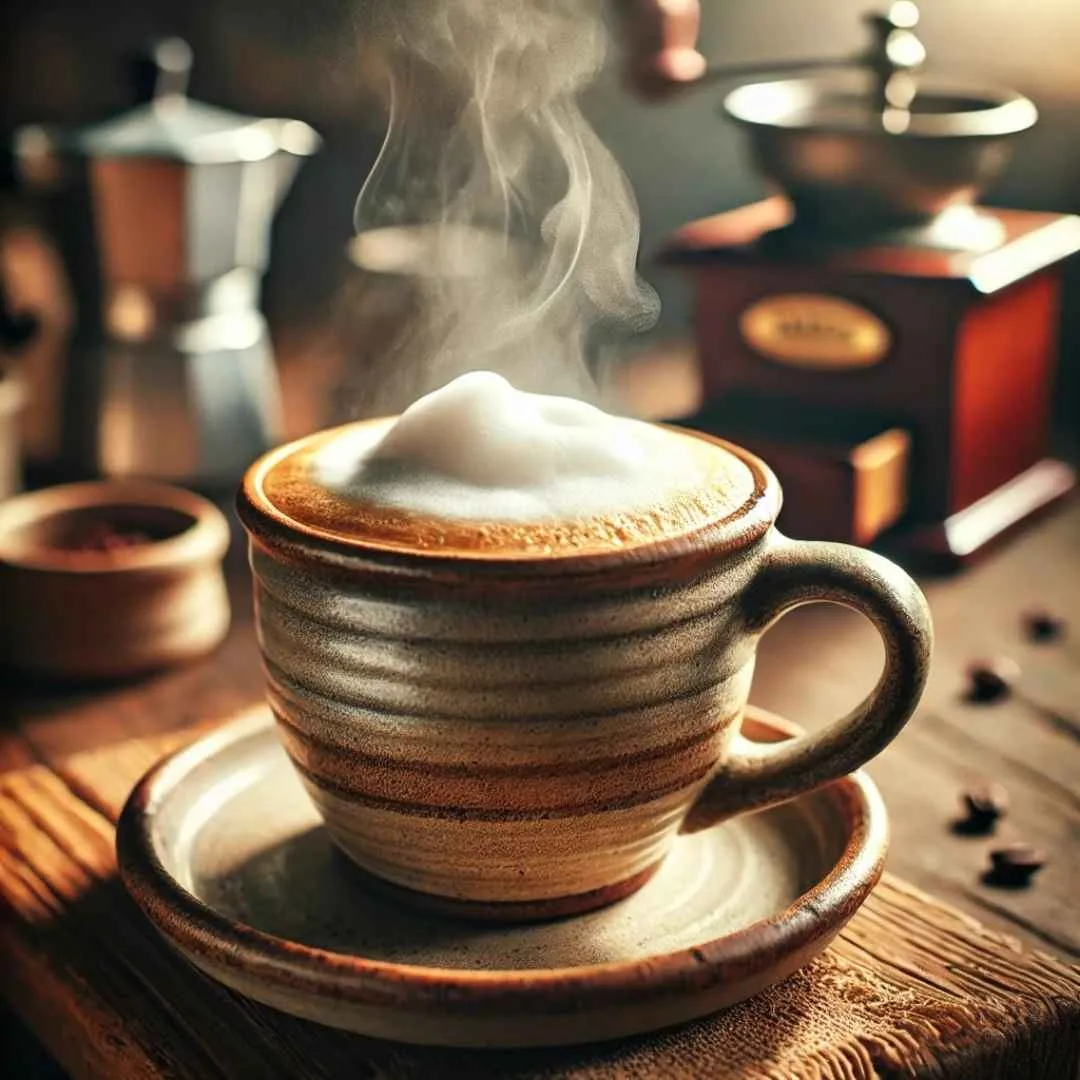 A steaming cup of breve coffee with frothy cream in a rustic ceramic mug.