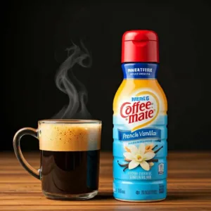 A bottle of Coffee Mate French Vanilla creamer beside a steaming cup of coffee.