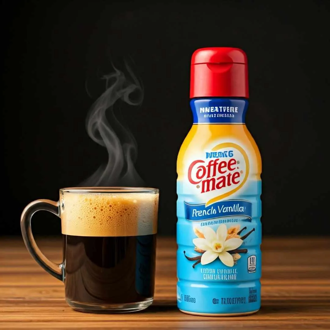 A bottle of Coffee Mate French Vanilla creamer beside a steaming cup of coffee.