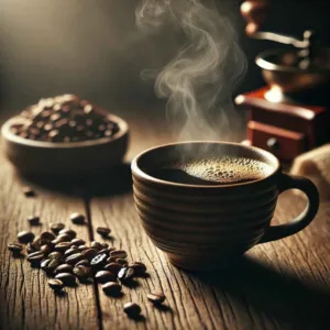 A steaming cup of Columbia Black Pearl Coffee next to coffee beans on a rustic table.