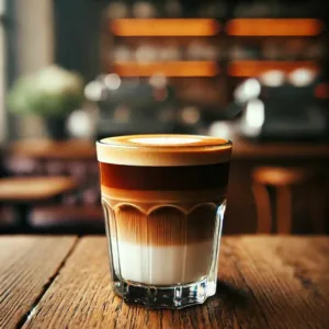 A perfectly layered Gibraltar coffee served in a glass tumbler with a frothy top.