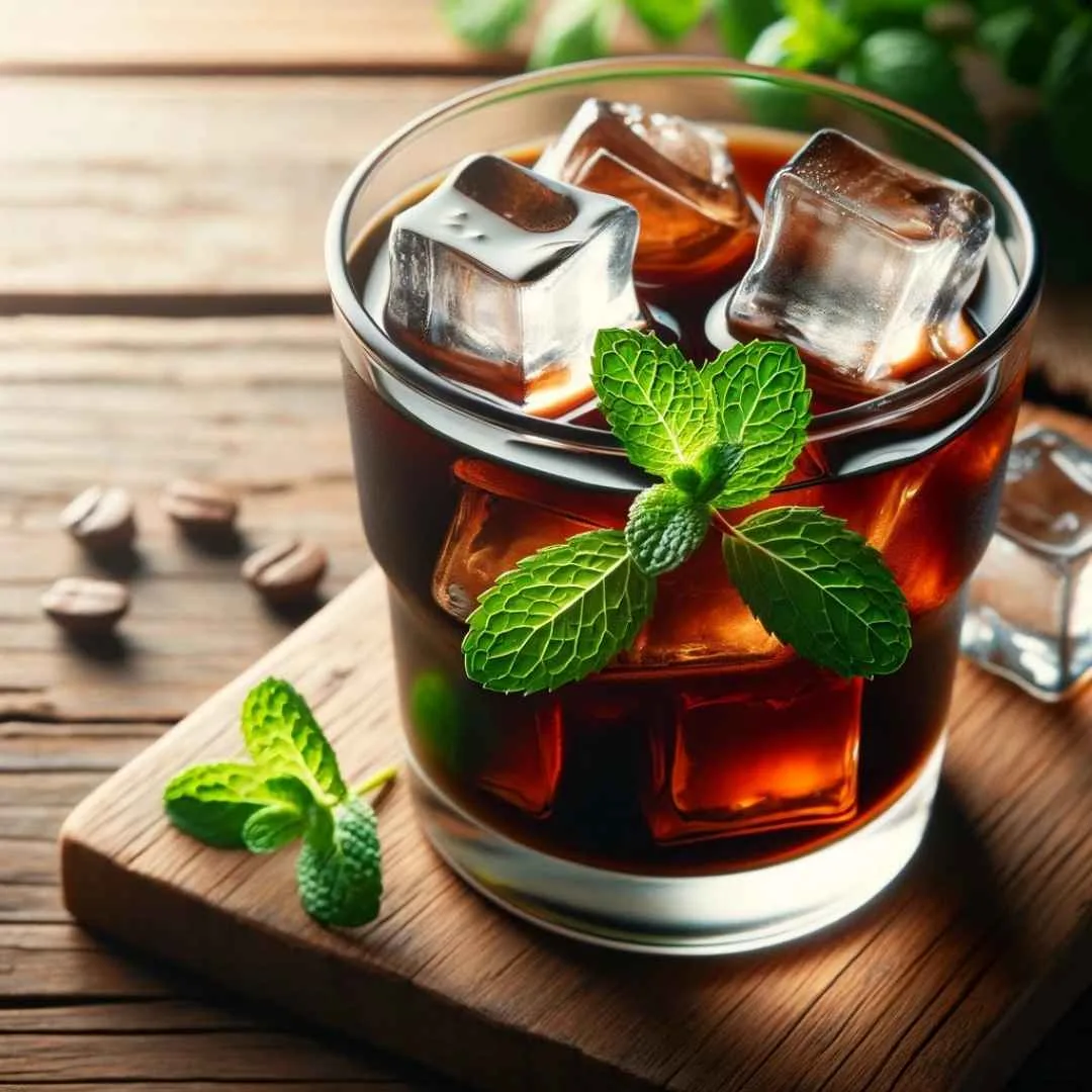 A refreshing glass of cold brew coffee with ice cubes and a sprig of mint on a wooden table.