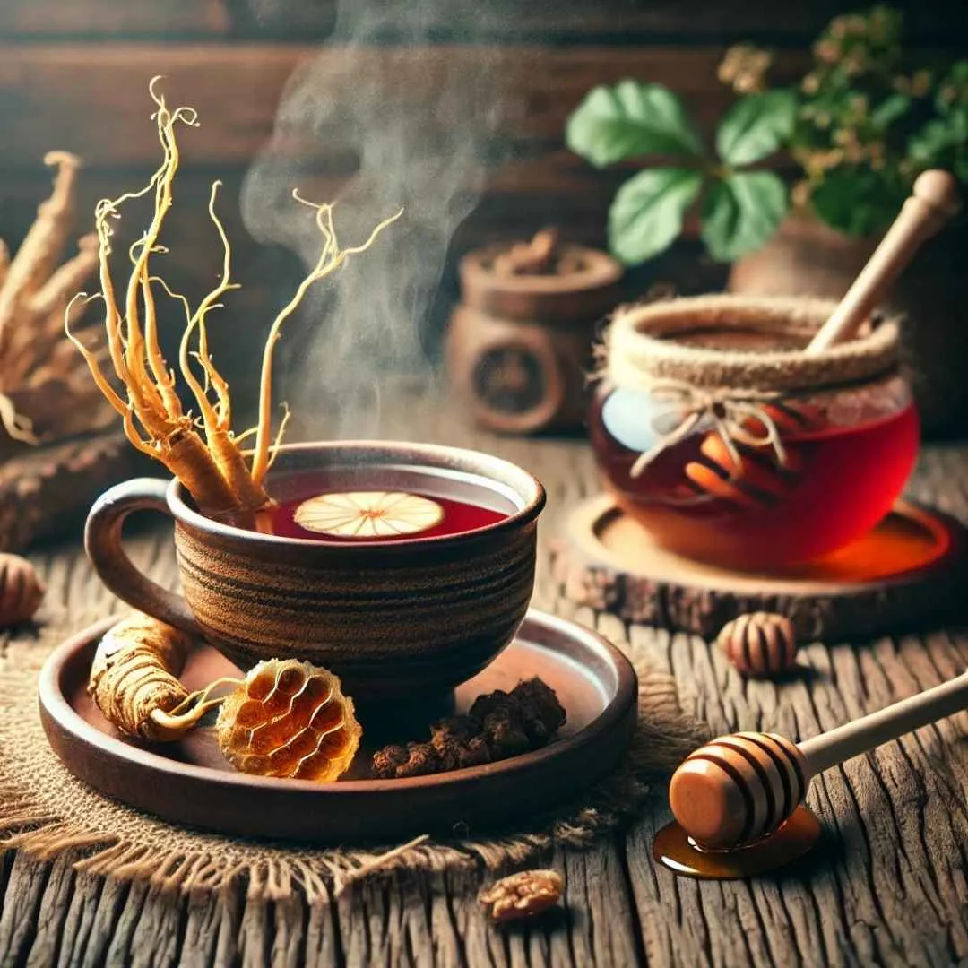 herbal honey red ginseng tea with ginseng roots and honey in a rustic setting.