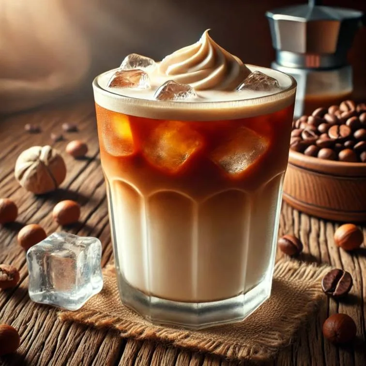 A tall glass of iced hazelnut oatmilk shaken espresso with a swirl of foam on top, surrounded by coffee beans and hazelnuts.