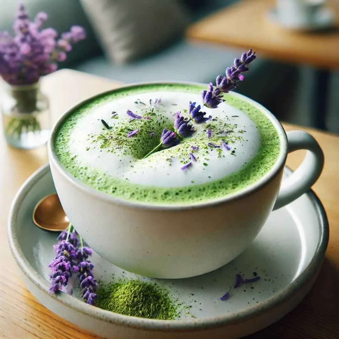 A frothy lavender matcha latte in a white mug, garnished with dried lavender and a sprinkle of matcha powder.