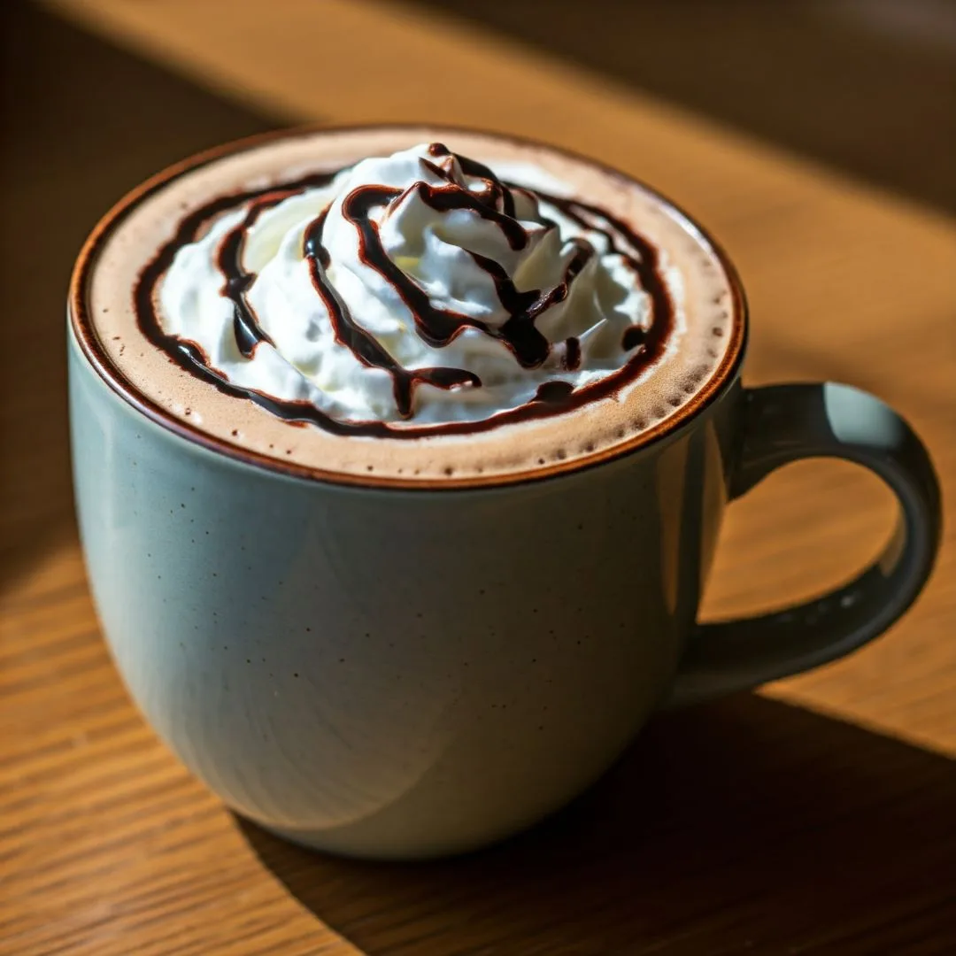 A frothy mocha cappuccino topped with whipped cream and chocolate drizzle in a ceramic mug.