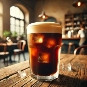 A glass of frothy Nitro Cold Brew with ice and a creamy foam head, placed on a wooden table.