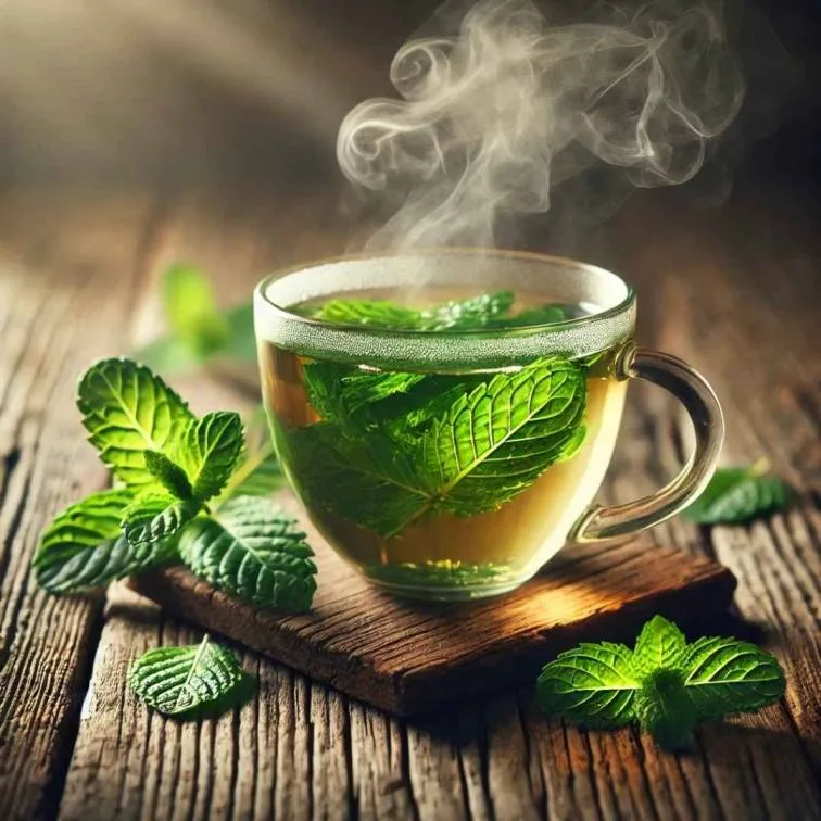 A steaming cup of peppermint green tea with fresh mint leaves on a wooden table.