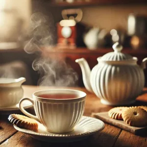 A steaming cup of best English breakfast tea on a saucer with a teapot and biscuits.