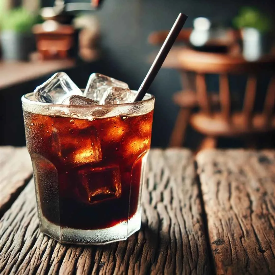 A glass of iced Americano with ice cubes and a straw on a wooden table