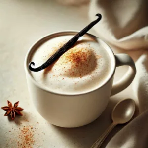 A creamy vanilla chai latte in a white mug topped with a dusting of cinnamon and a vanilla bean