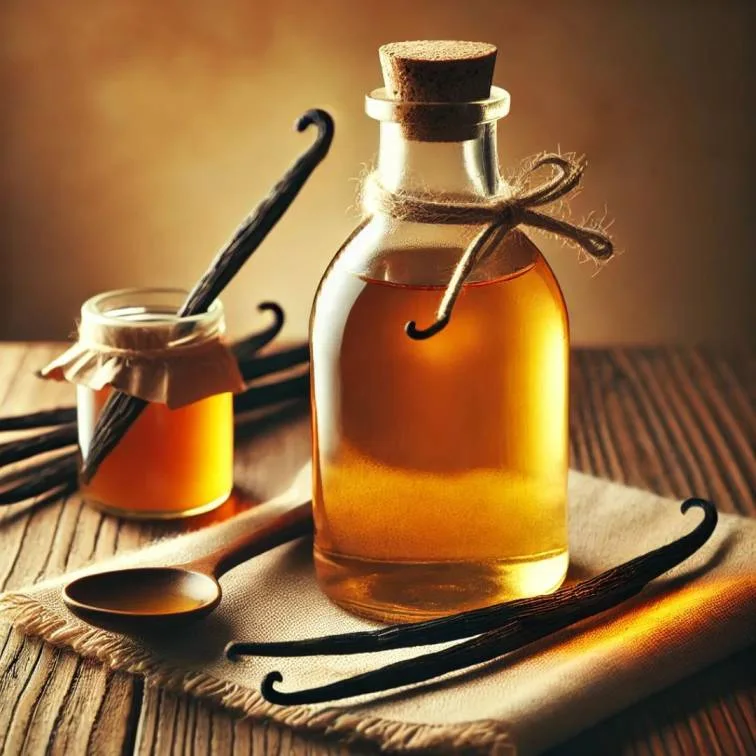 A bottle of homemade vanilla syrup with a spoon and vanilla beans on a rustic table.