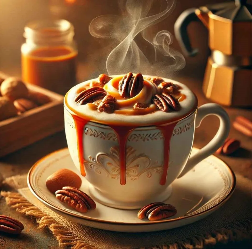 A steaming cup of caramel pecan decaf coffee with caramel drizzle and pecan garnish.