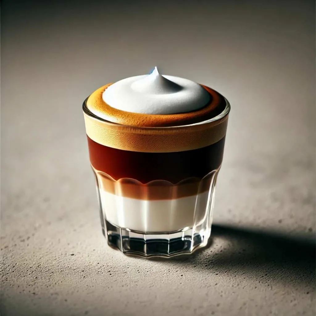 A classic Cafe Gibraltar drink in a small glass cup, topped with creamy microfoam.