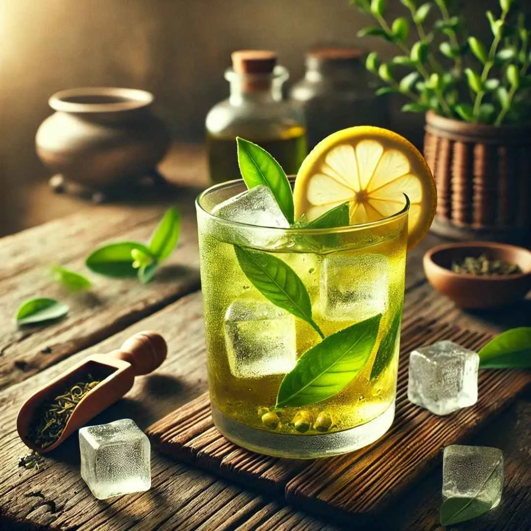 A glass of cold brew green tea with lemon slices and ice cubes on a wooden table.