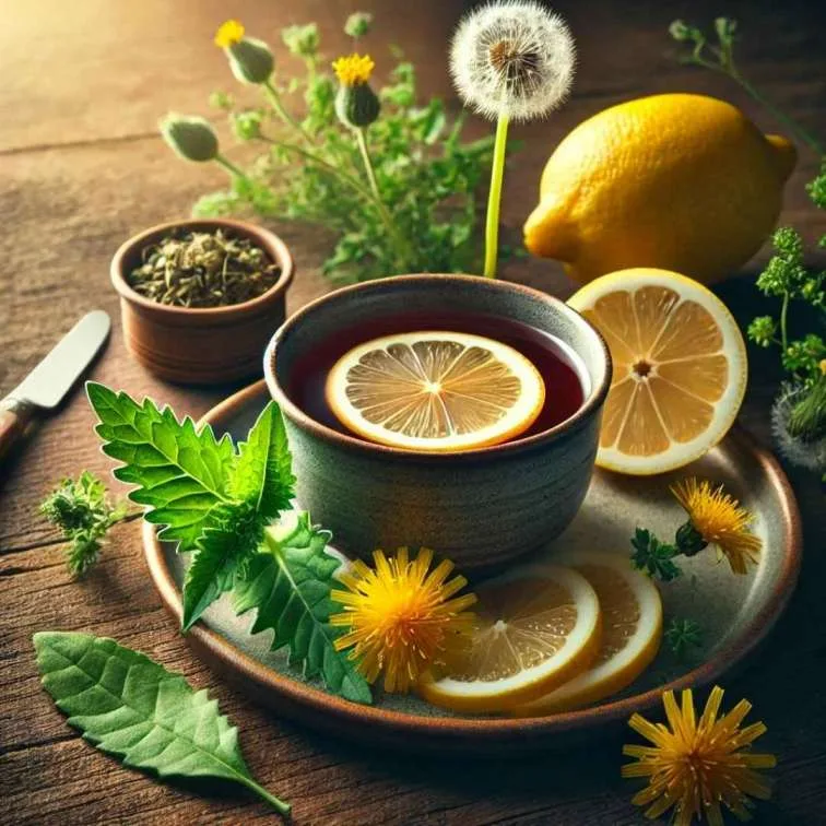 A cup of detox liver tea surrounded by fresh herbs and lemon slices