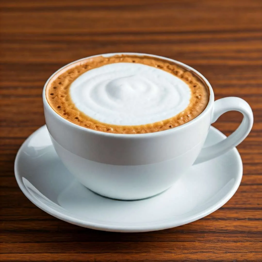 A dry cappuccino served in a white cup with a thick layer of frothy milk on top.