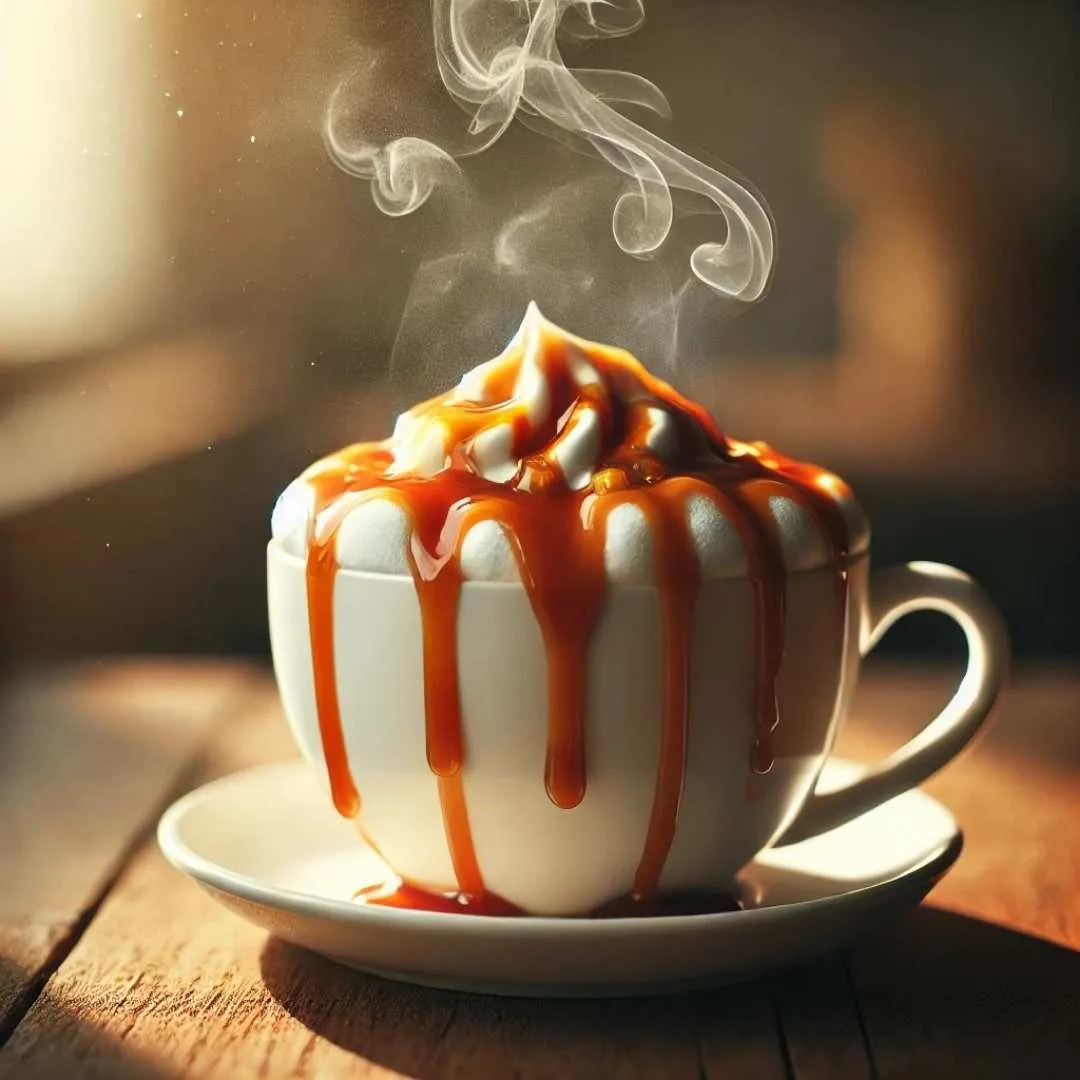 A steaming cup of caramel cappuccino topped with caramel drizzle and foam in a white mug.