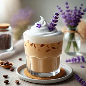 A cup of iced coffee topped with lavender cold foam and a sprig of lavender