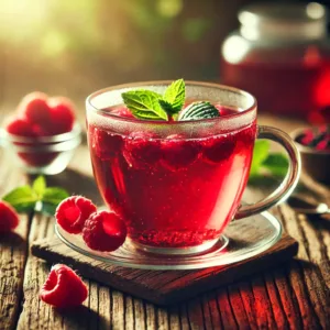 A cup of freshly brewed raspberry tea garnished with fresh raspberries and mint leaves