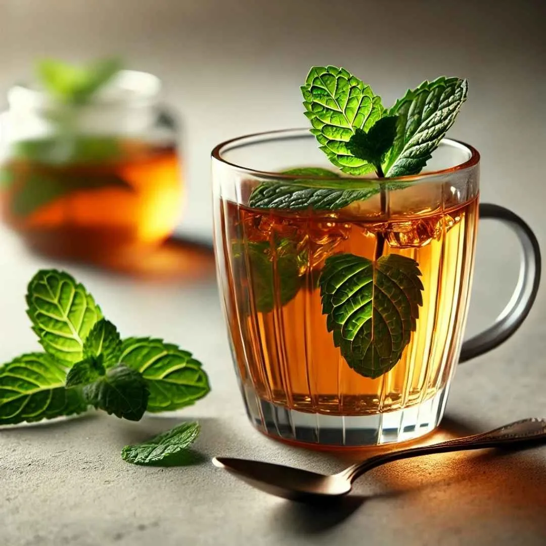 A cup of spearmint tea with fresh spearmint leaves and a spoon beside it.