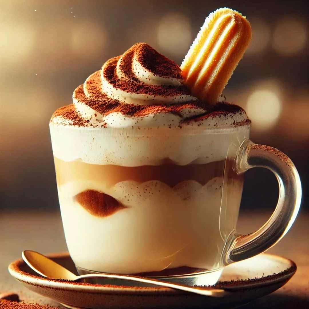 A creamy tiramisu coffee topped with cocoa powder and a ladyfinger biscuit.