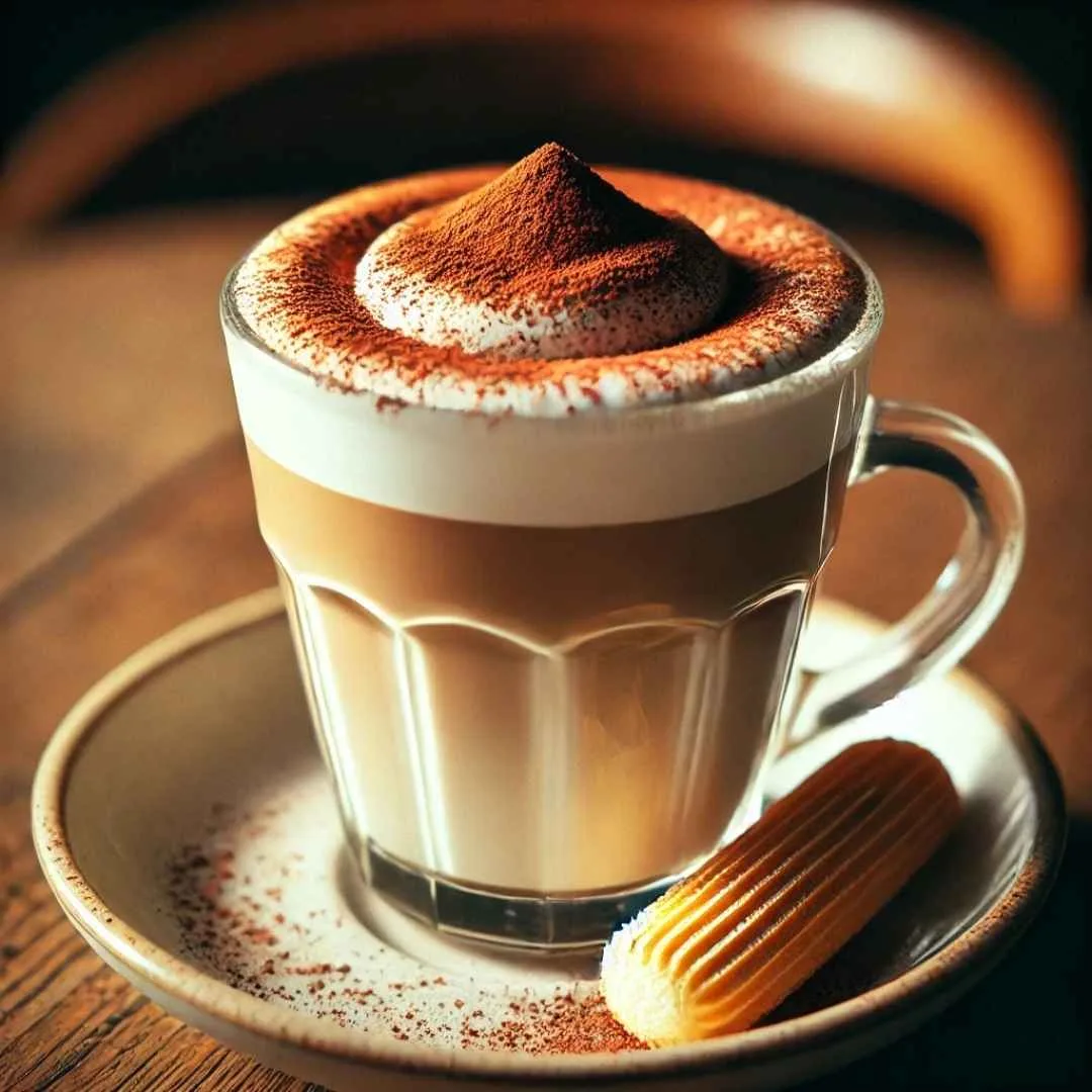 A frothy tiramisu latte topped with cocoa powder and a ladyfinger biscuit on the side