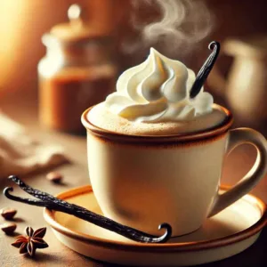 A steaming cup of vanilla flavored coffee topped with whipped cream and a vanilla bean on the side.